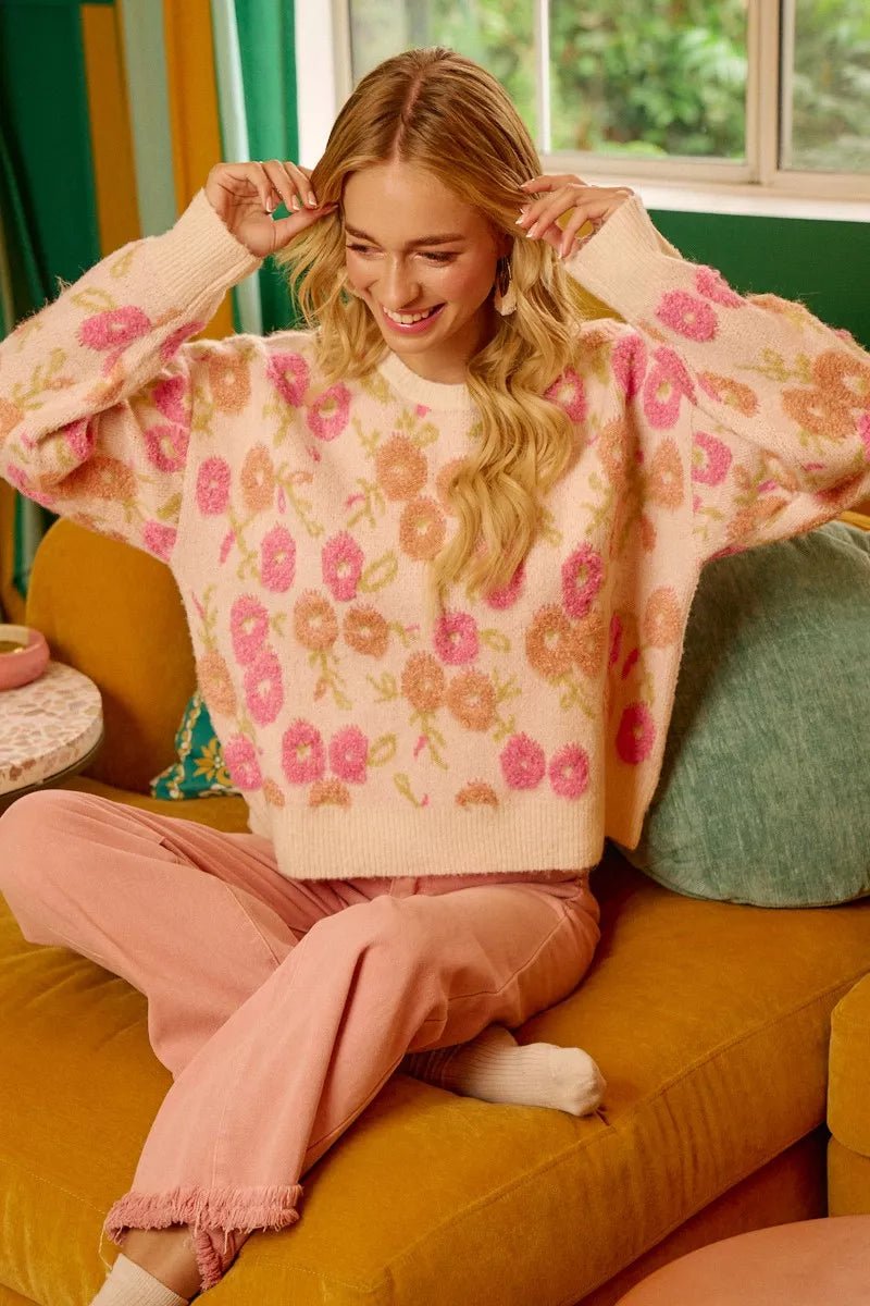BiBi Towel Texture Floral Pattern Sweater - Bitsy Gypsy Boutique