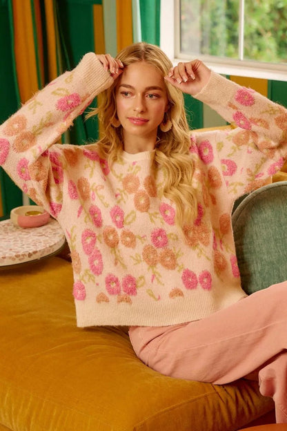 BiBi Towel Texture Floral Pattern Sweater - Bitsy Gypsy Boutique