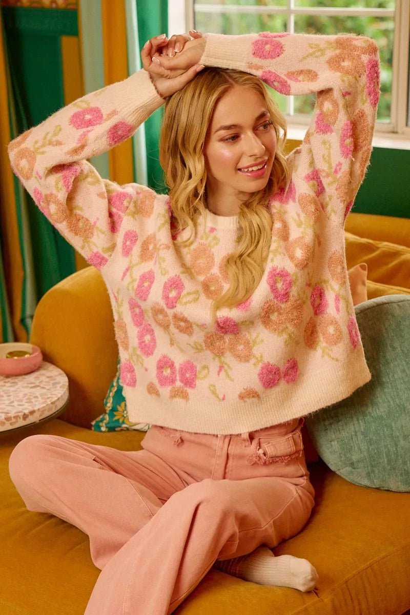 BiBi Towel Texture Floral Pattern Sweater - Bitsy Gypsy Boutique
