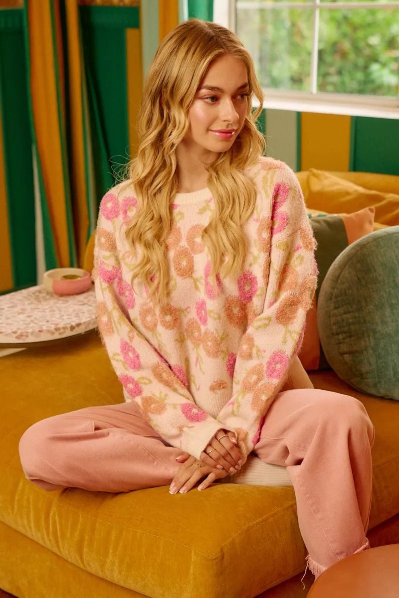 BiBi Towel Texture Floral Pattern Sweater - Bitsy Gypsy Boutique