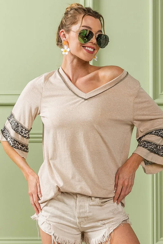 BiBi Triblend Knit Top with Leopard Band Detail - Bitsy Gypsy Boutique