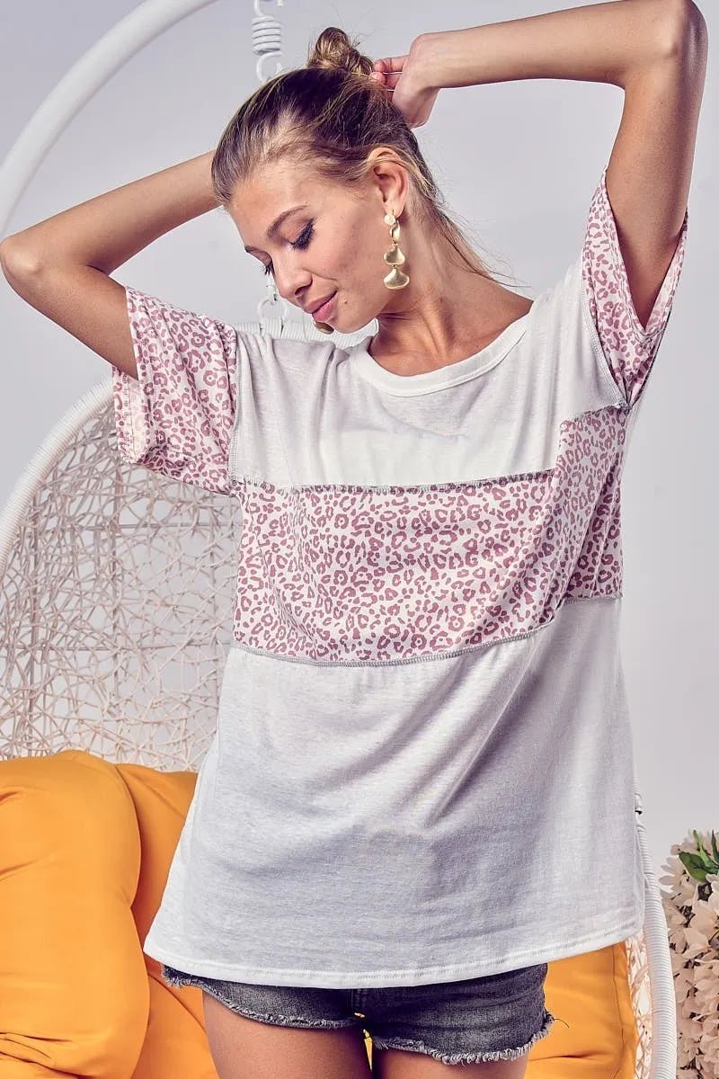 BiBi Triblend Knit with Leopard Block Out Stitching - Bitsy Gypsy Boutique