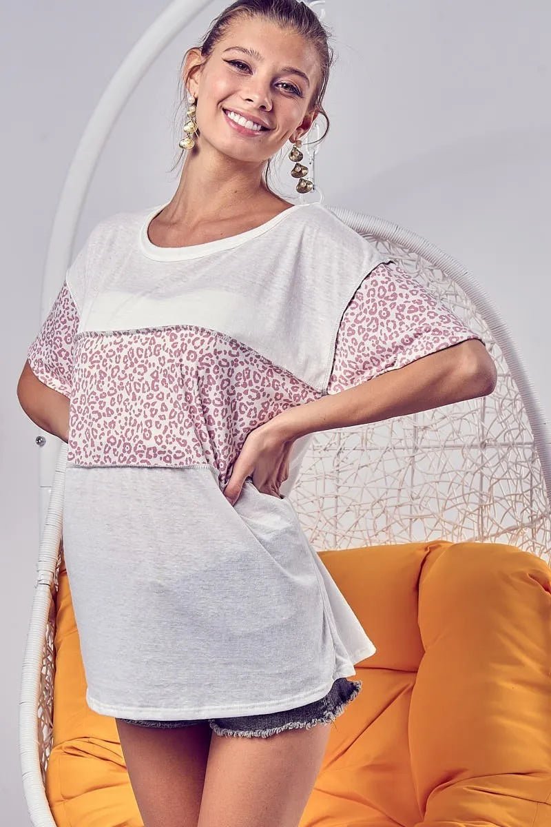 BiBi Triblend Knit with Leopard Block Out Stitching - Bitsy Gypsy Boutique