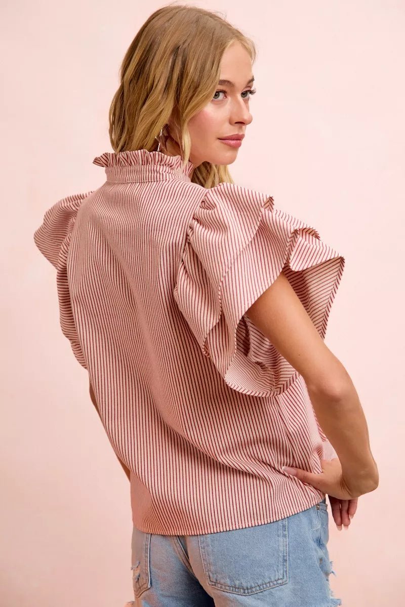 BiBi Twill Striped Ruffle Sleeve Blouse - Bitsy Gypsy Boutique