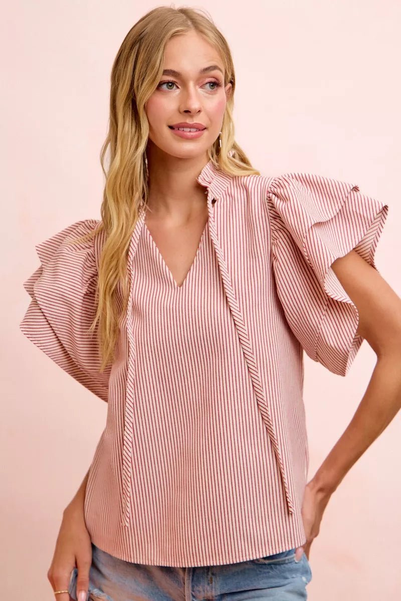 BiBi Twill Striped Ruffle Sleeve Blouse - Bitsy Gypsy Boutique