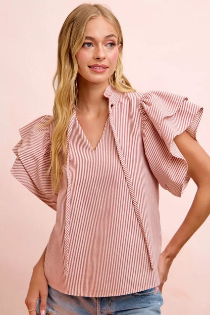 BiBi Twill Striped Ruffle Sleeve Blouse - Bitsy Gypsy Boutique