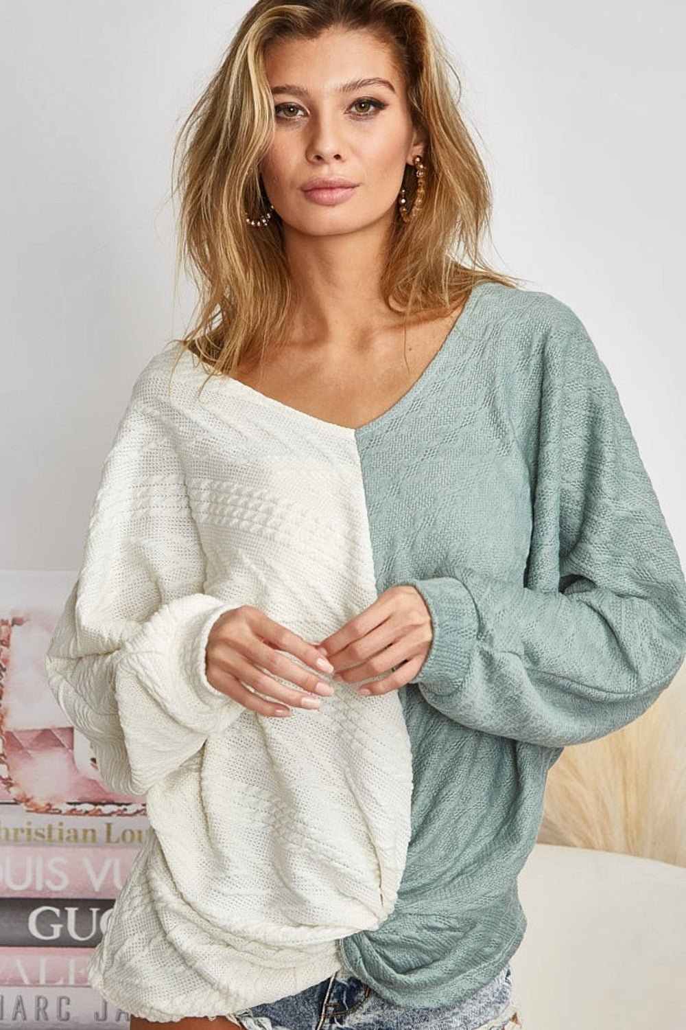 BiBi Twist Front Contrast Cable Knit Top - Bitsy Gypsy Boutique