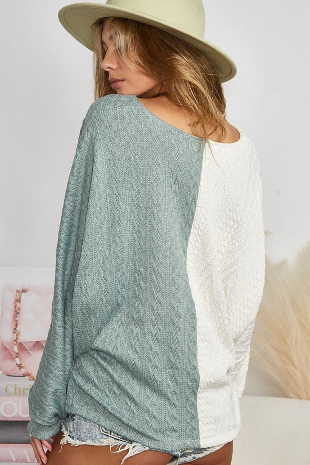 BiBi Twist Front Contrast Cable Knit Top - Bitsy Gypsy Boutique