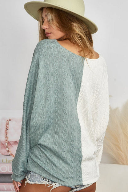 BiBi Twist Front Contrast Cable Knit Top - Bitsy Gypsy Boutique