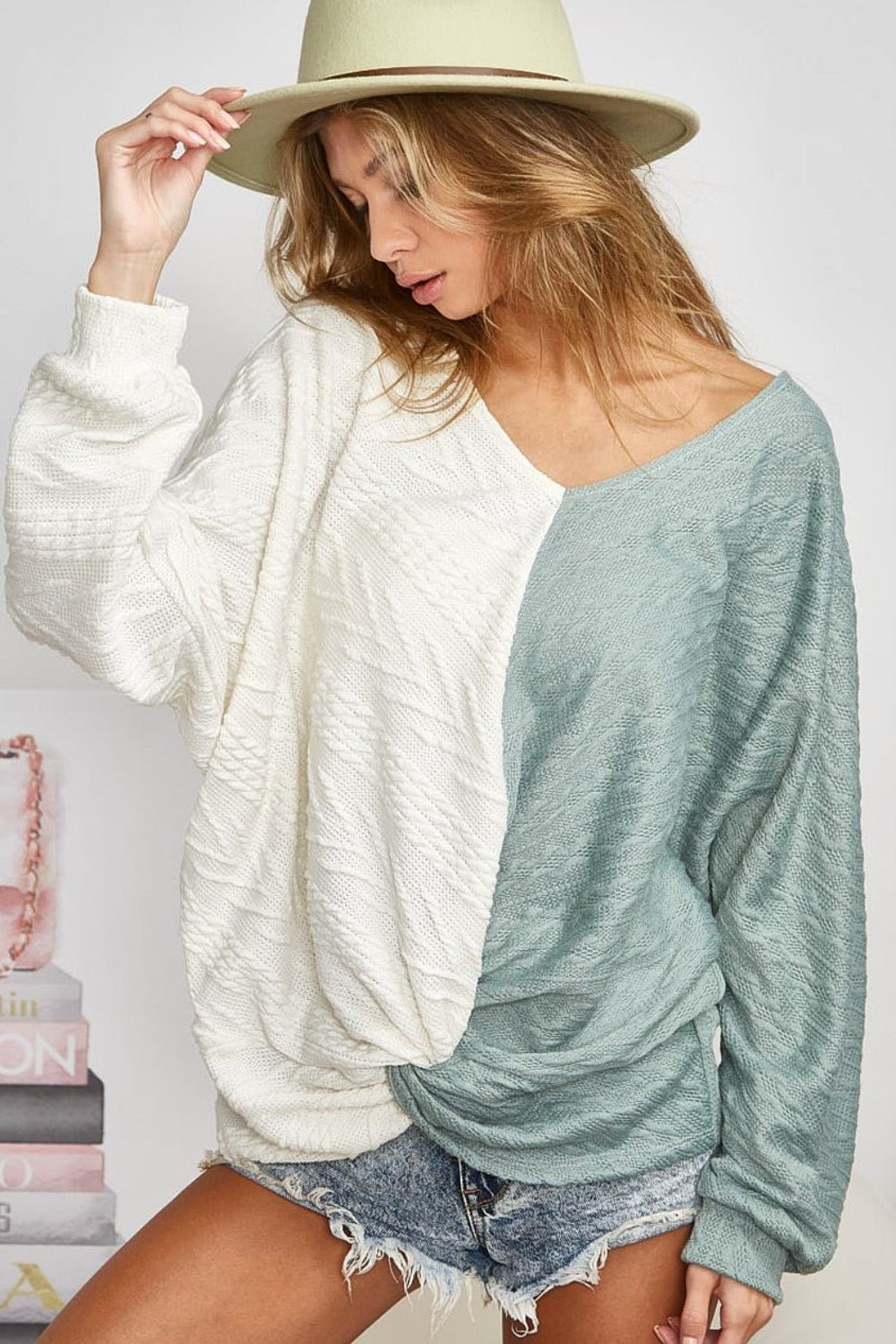 BiBi Twist Front Contrast Cable Knit Top - Bitsy Gypsy Boutique