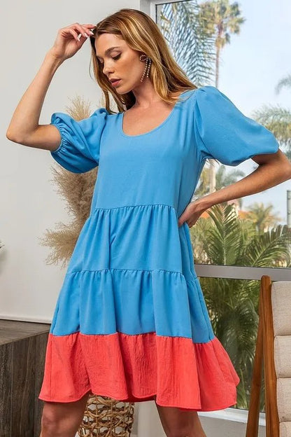BiBi Two - Tone Balloon Sleeves U Neck Tiered Ruffle Hem Mini Dress - Bitsy Gypsy Boutique