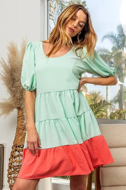 BiBi Two - Tone Balloon Sleeves U Neck Tiered Ruffle Hem Mini Dress - Bitsy Gypsy Boutique