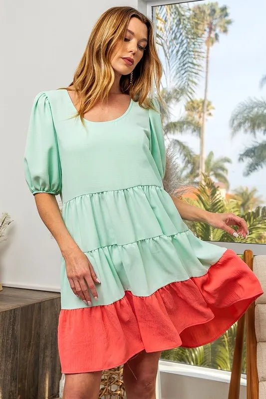 BiBi Two - Tone Balloon Sleeves U Neck Tiered Ruffle Hem Mini Dress - Bitsy Gypsy Boutique