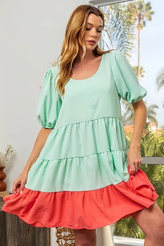 BiBi Two - Tone Balloon Sleeves U Neck Tiered Ruffle Hem Mini Dress - Bitsy Gypsy Boutique