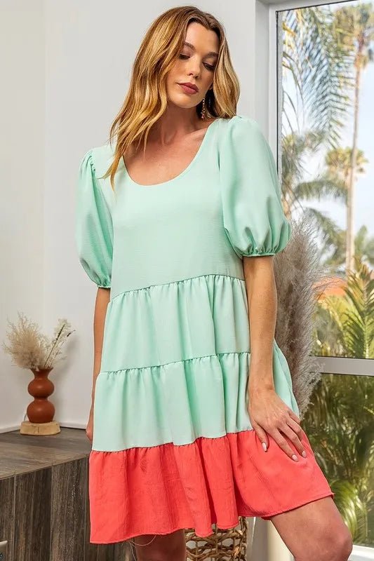 BiBi Two - Tone Balloon Sleeves U Neck Tiered Ruffle Hem Mini Dress - Bitsy Gypsy Boutique
