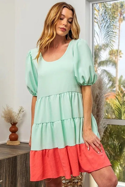 BiBi Two - Tone Balloon Sleeves U Neck Tiered Ruffle Hem Mini Dress - Bitsy Gypsy Boutique
