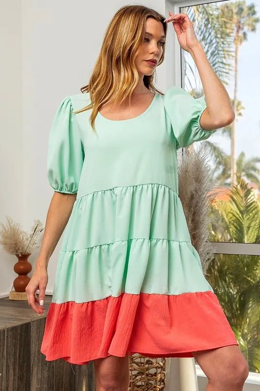 BiBi Two - Tone Balloon Sleeves U Neck Tiered Ruffle Hem Mini Dress - Bitsy Gypsy Boutique