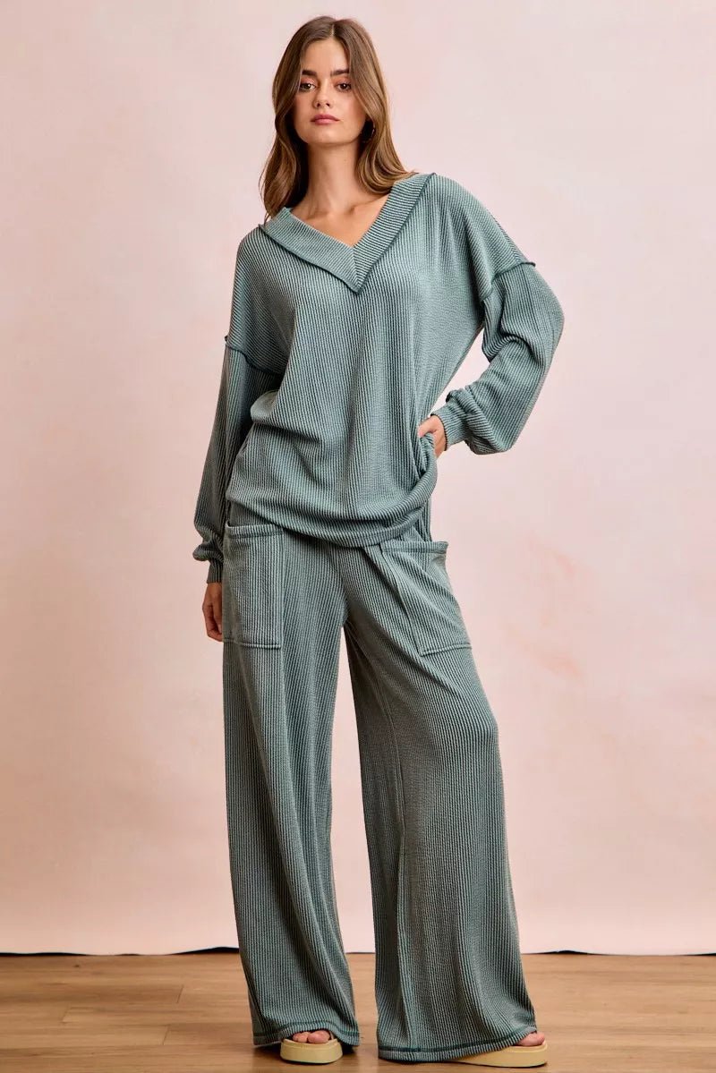 BiBi Two Tone Cord Rib Contrast Stitching V - Neck Top and Pants Set - Bitsy Gypsy Boutique