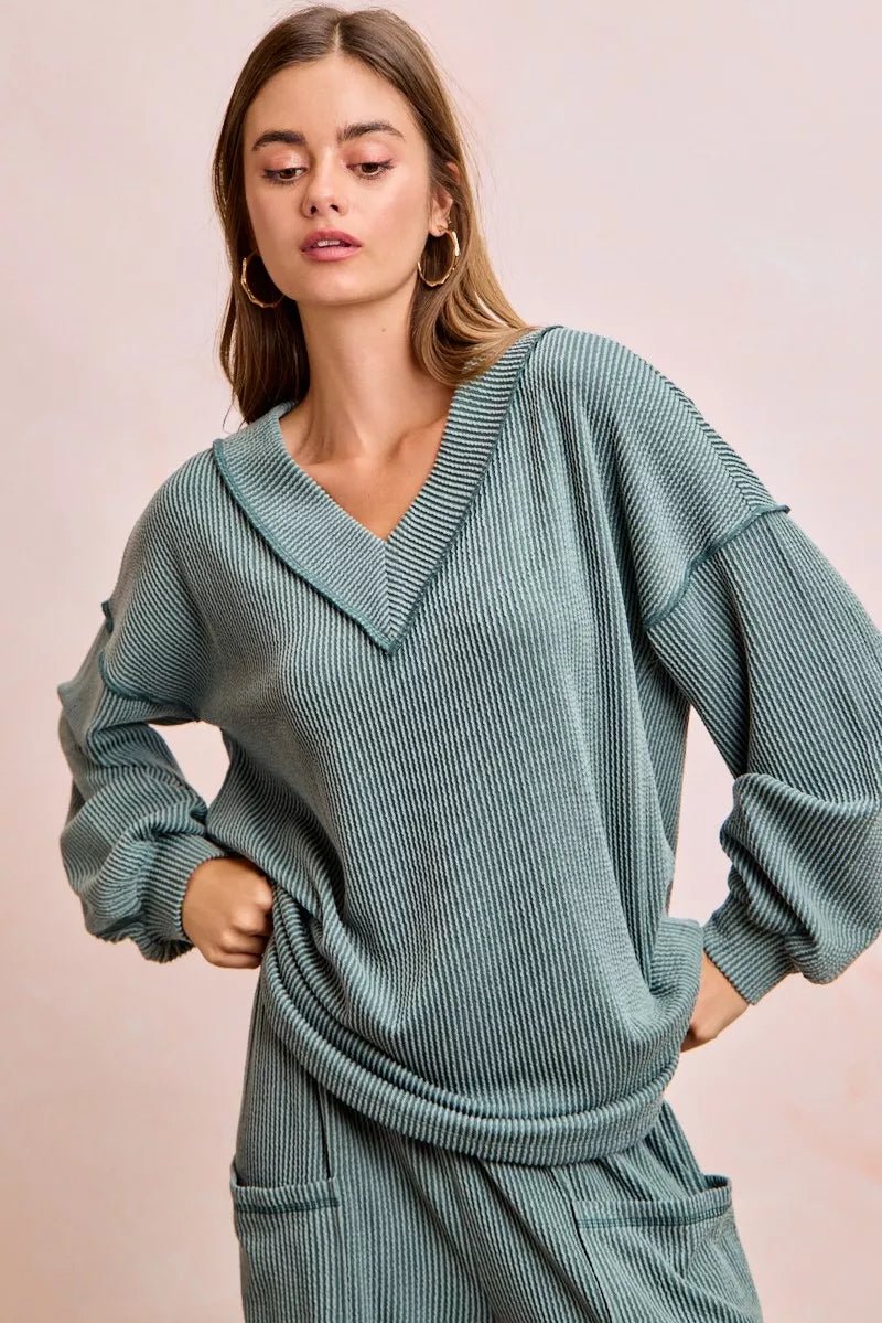 BiBi Two Tone Cord Rib Contrast Stitching V - Neck Top and Pants Set - Bitsy Gypsy Boutique