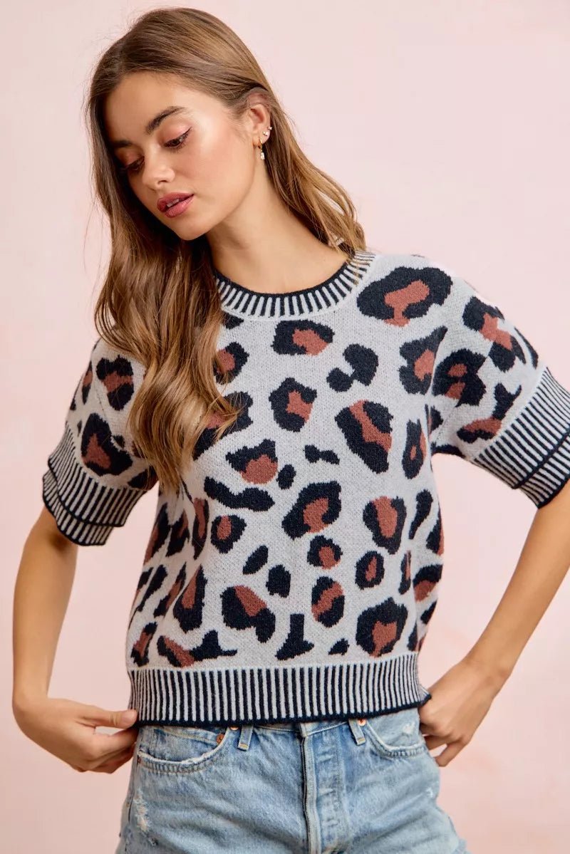 BiBi Two Tone Detail Leopard Knit Double Sleeves Top - Bitsy Gypsy Boutique