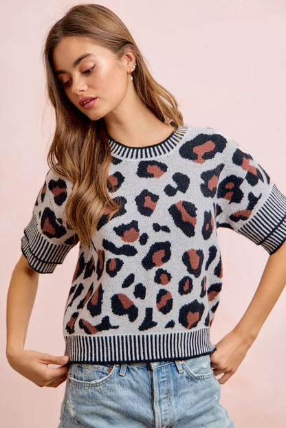 BiBi Two Tone Detail Leopard Knit Double Sleeves Top - Bitsy Gypsy Boutique