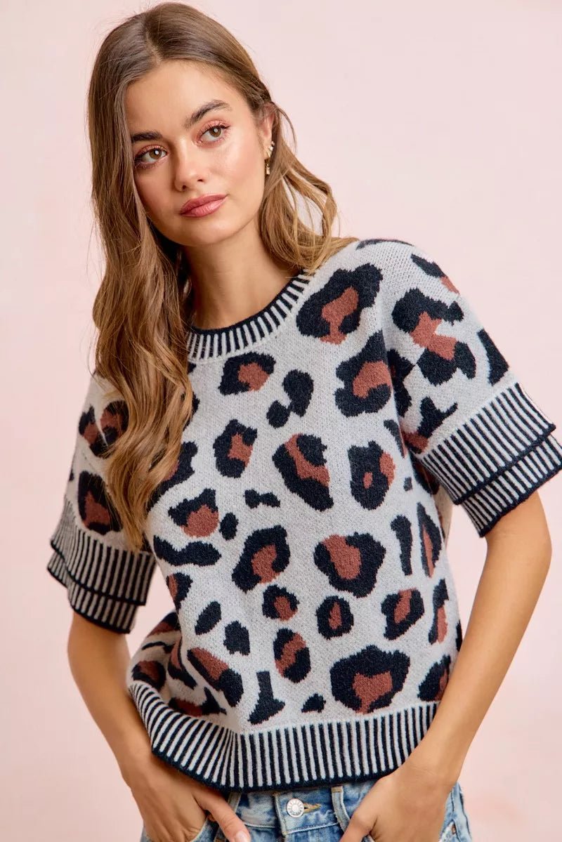 BiBi Two Tone Detail Leopard Knit Double Sleeves Top - Bitsy Gypsy Boutique
