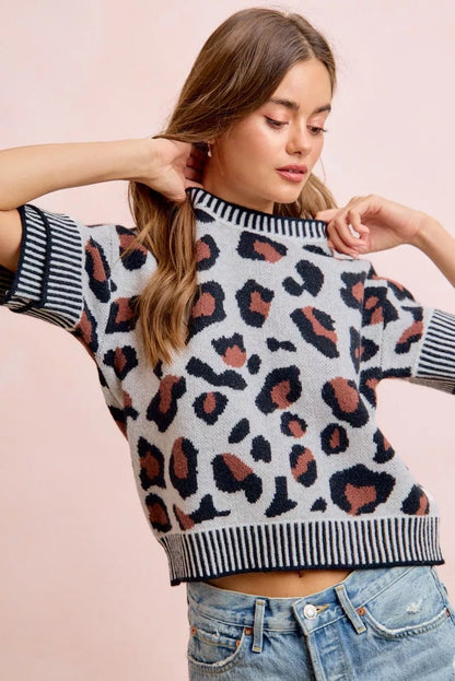 BiBi Two Tone Detail Leopard Knit Double Sleeves Top - Bitsy Gypsy Boutique
