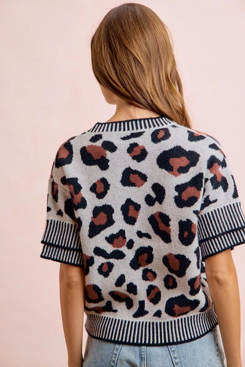 BiBi Two Tone Detail Leopard Knit Double Sleeves Top - Bitsy Gypsy Boutique