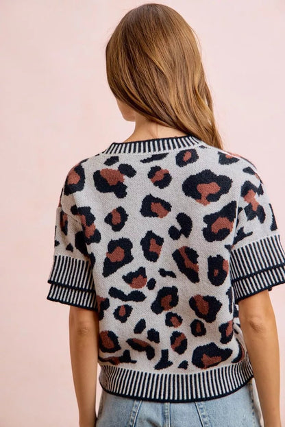 BiBi Two Tone Detail Leopard Knit Double Sleeves Top - Bitsy Gypsy Boutique