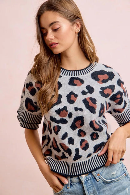 BiBi Two Tone Detail Leopard Knit Double Sleeves Top - Bitsy Gypsy Boutique