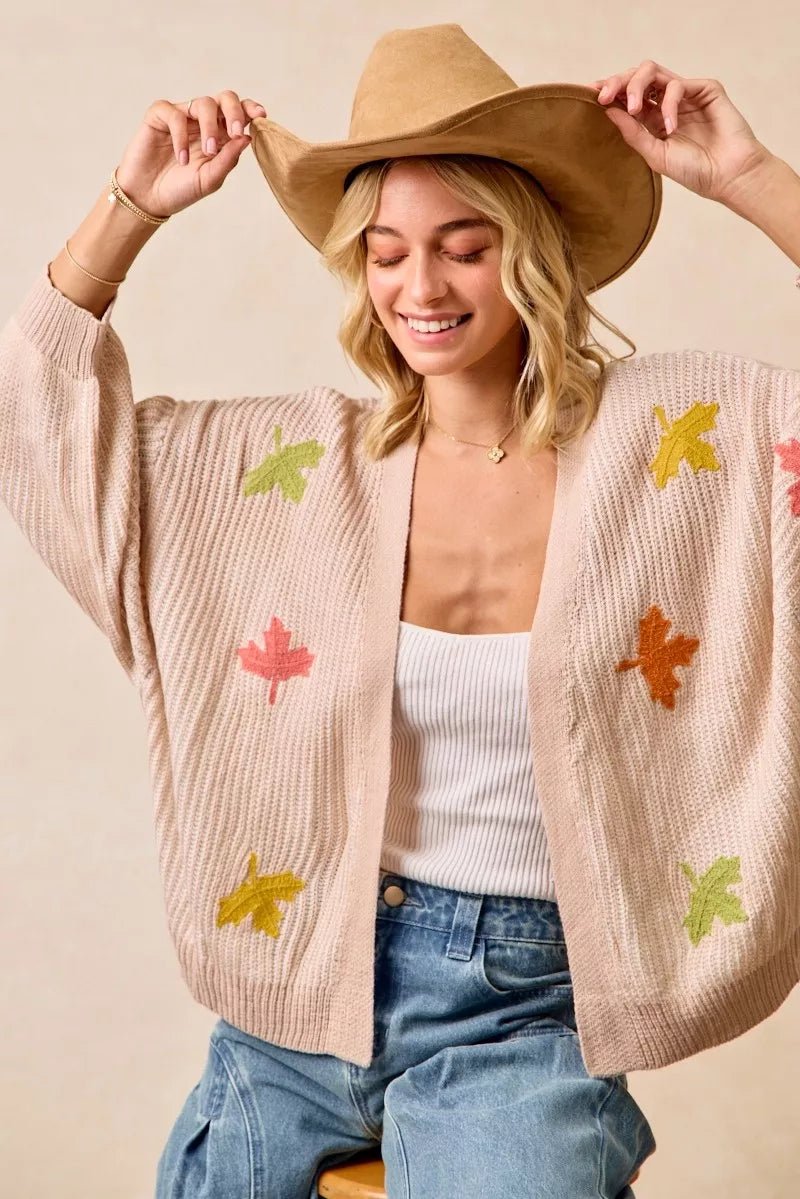 BiBi Two Tone Knit Cardigan with Leaf Patches - Bitsy Gypsy Boutique