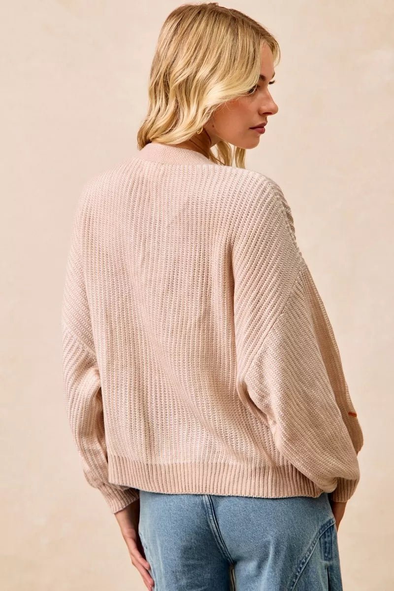 BiBi Two Tone Knit Cardigan with Leaf Patches - Bitsy Gypsy Boutique