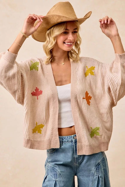 BiBi Two Tone Knit Cardigan with Leaf Patches - Bitsy Gypsy Boutique
