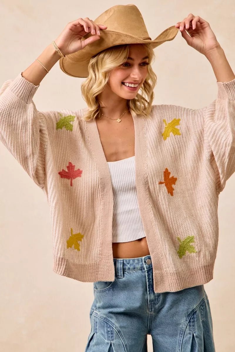 BiBi Two Tone Knit Cardigan with Leaf Patches - Bitsy Gypsy Boutique