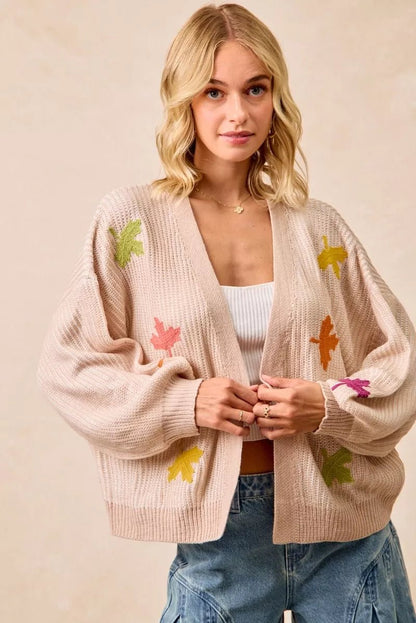 BiBi Two Tone Knit Cardigan with Leaf Patches - Bitsy Gypsy Boutique