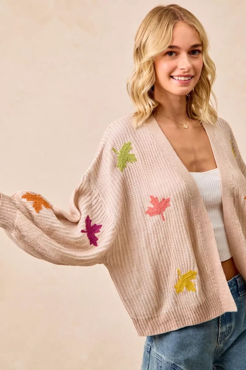 BiBi Two Tone Knit Cardigan with Leaf Patches - Bitsy Gypsy Boutique