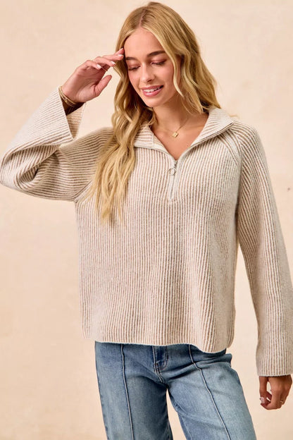 BiBi Two Tone Rib Texured Knit Collared Top with Zip Up - Bitsy Gypsy Boutique