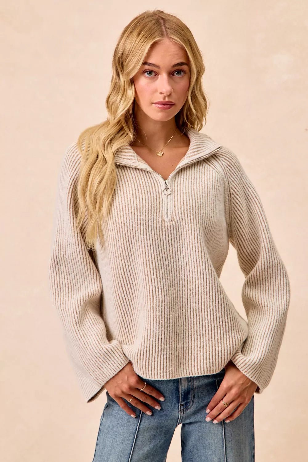 BiBi Two Tone Rib Texured Knit Collared Top with Zip Up - Bitsy Gypsy Boutique