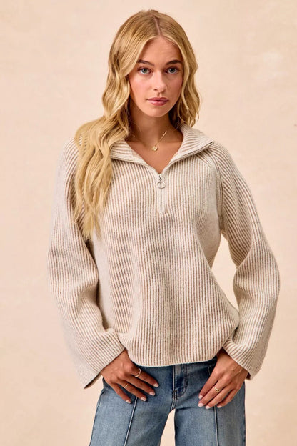 BiBi Two Tone Rib Texured Knit Collared Top with Zip Up - Bitsy Gypsy Boutique