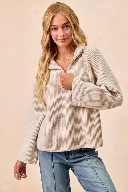 BiBi Two Tone Rib Texured Knit Collared Top with Zip Up - Bitsy Gypsy Boutique