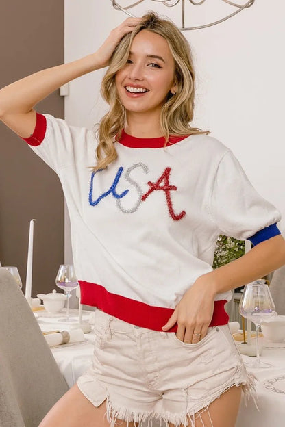 BiBi USA Metallic Letter Color Block Knit Top - Bitsy Gypsy Boutique