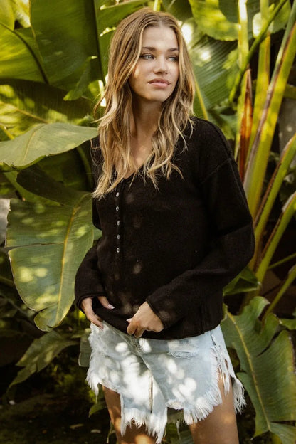 BiBi V Neck Sweater Top With Button Details - Bitsy Gypsy Boutique