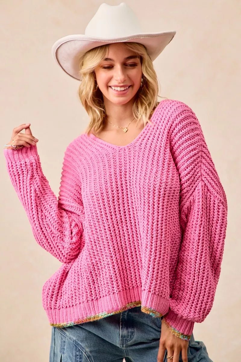 BiBi V - Neck Sweater with Colorful Trim - Bitsy Gypsy Boutique