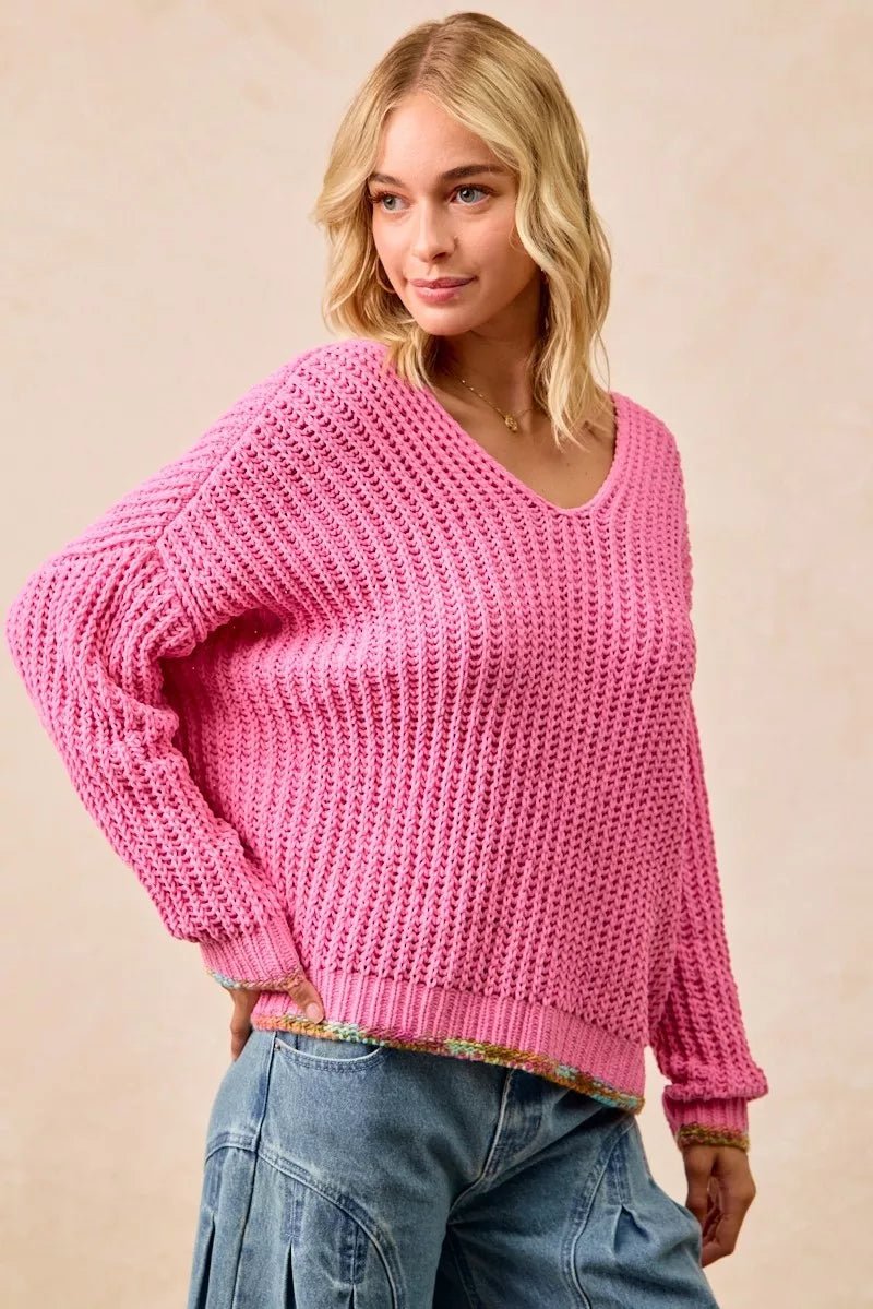BiBi V - Neck Sweater with Colorful Trim - Bitsy Gypsy Boutique