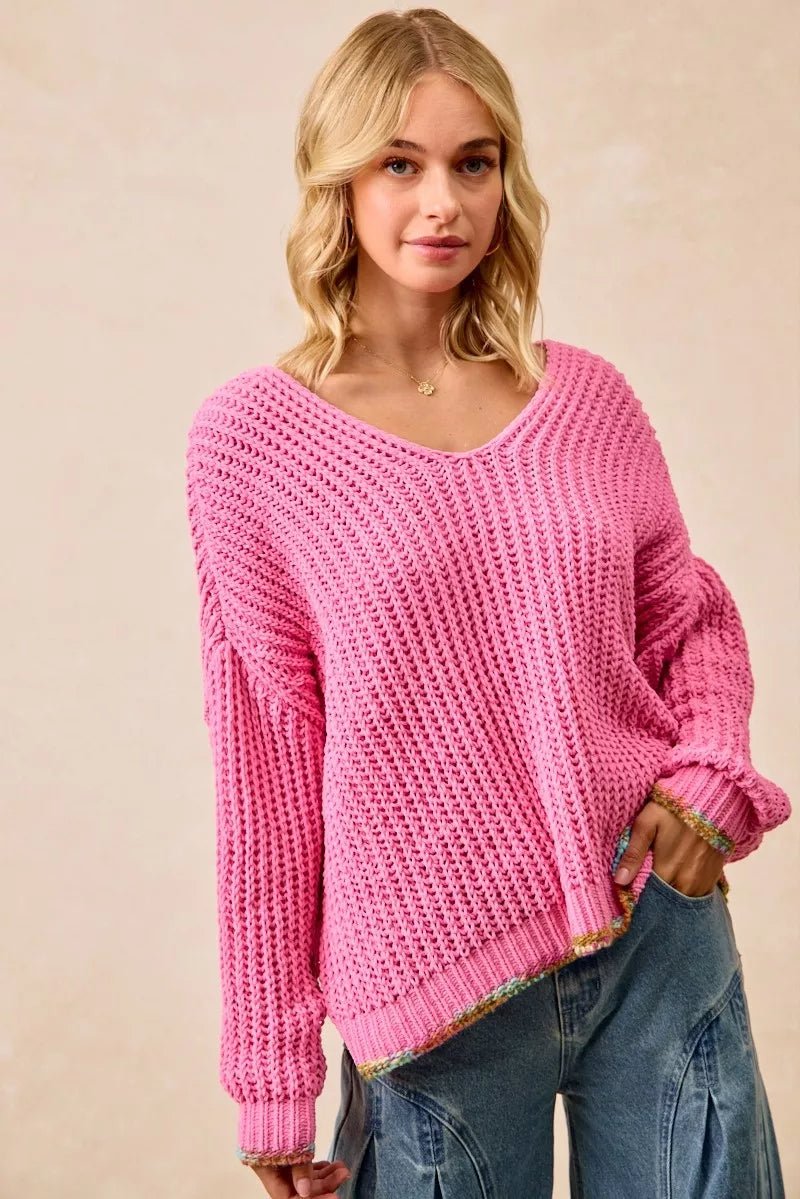 BiBi V - Neck Sweater with Colorful Trim - Bitsy Gypsy Boutique