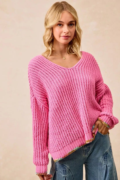 BiBi V - Neck Sweater with Colorful Trim - Bitsy Gypsy Boutique