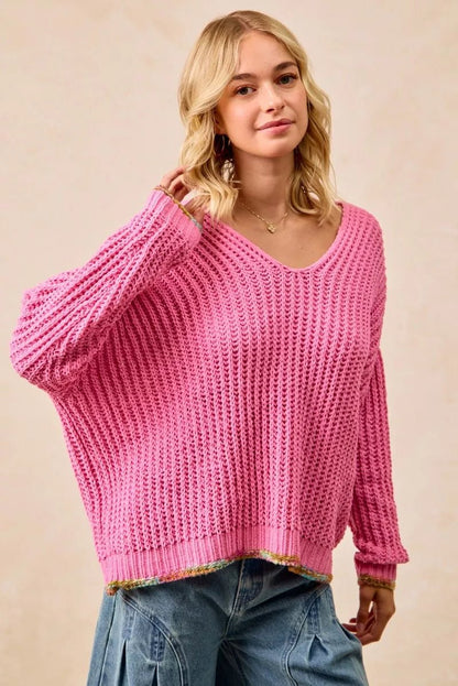 BiBi V - Neck Sweater with Colorful Trim - Bitsy Gypsy Boutique