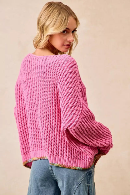 BiBi V - Neck Sweater with Colorful Trim - Bitsy Gypsy Boutique