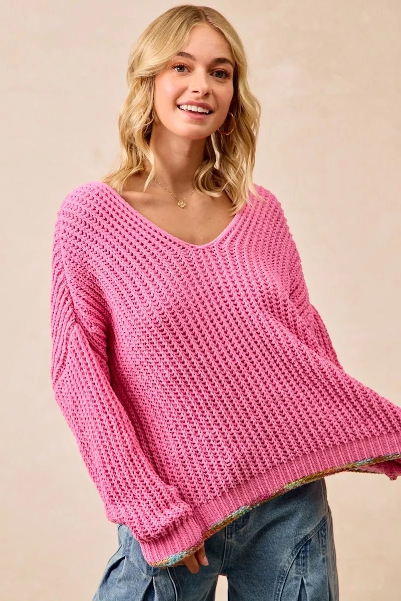 BiBi V - Neck Sweater with Colorful Trim - Bitsy Gypsy Boutique