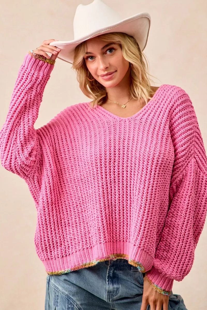 BiBi V - Neck Sweater with Colorful Trim - Bitsy Gypsy Boutique